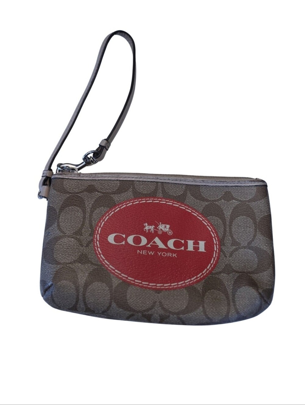 COACH Khaki & Vermillion Horse & Carriage Signature Medium Wristlet F51783Clas